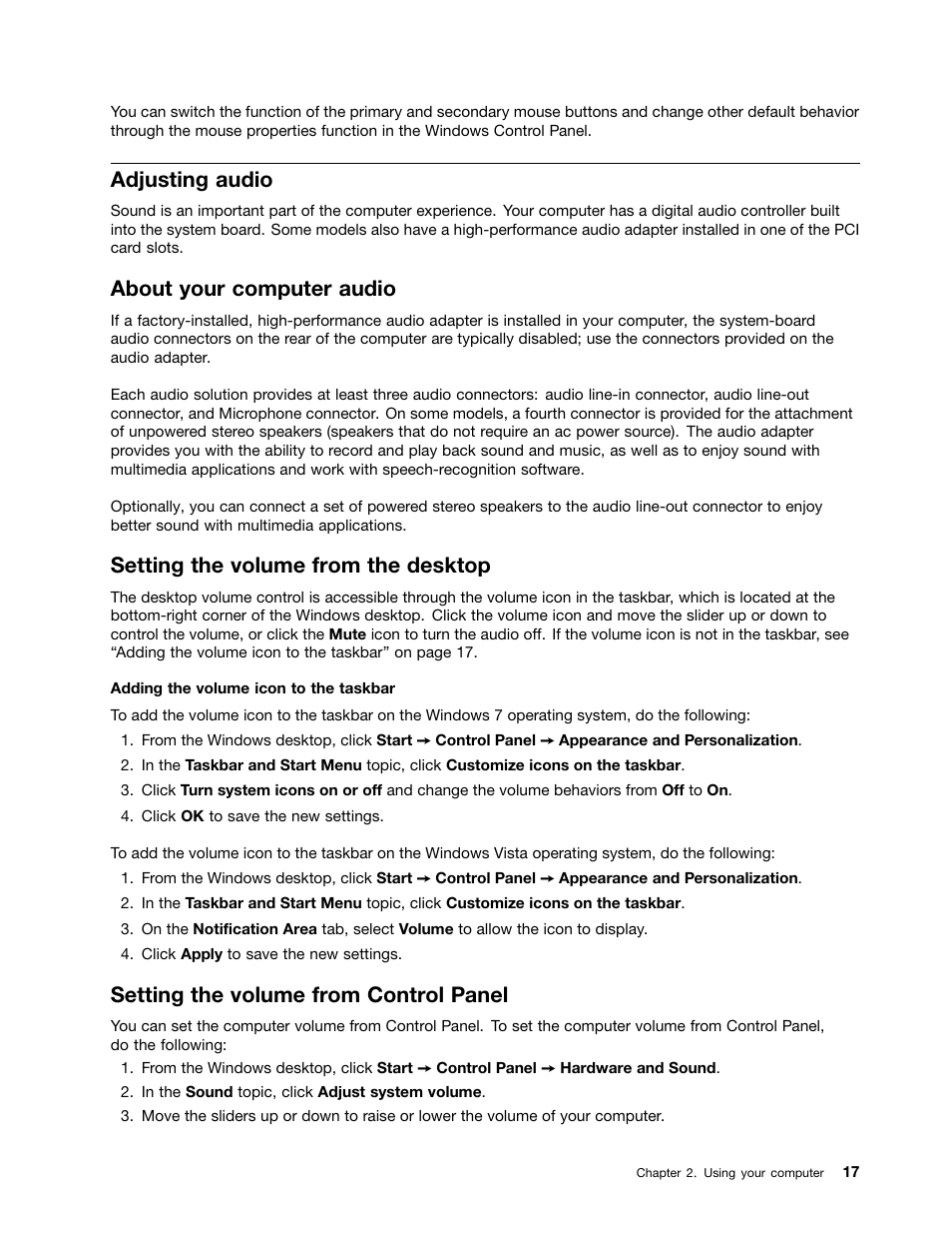 Adjusting audio, About your computer audio, Setting the volume from the desktop | Setting the volume from control panel | Lenovo THINKCENTRE 4473 User Manual | Page 31 / 142