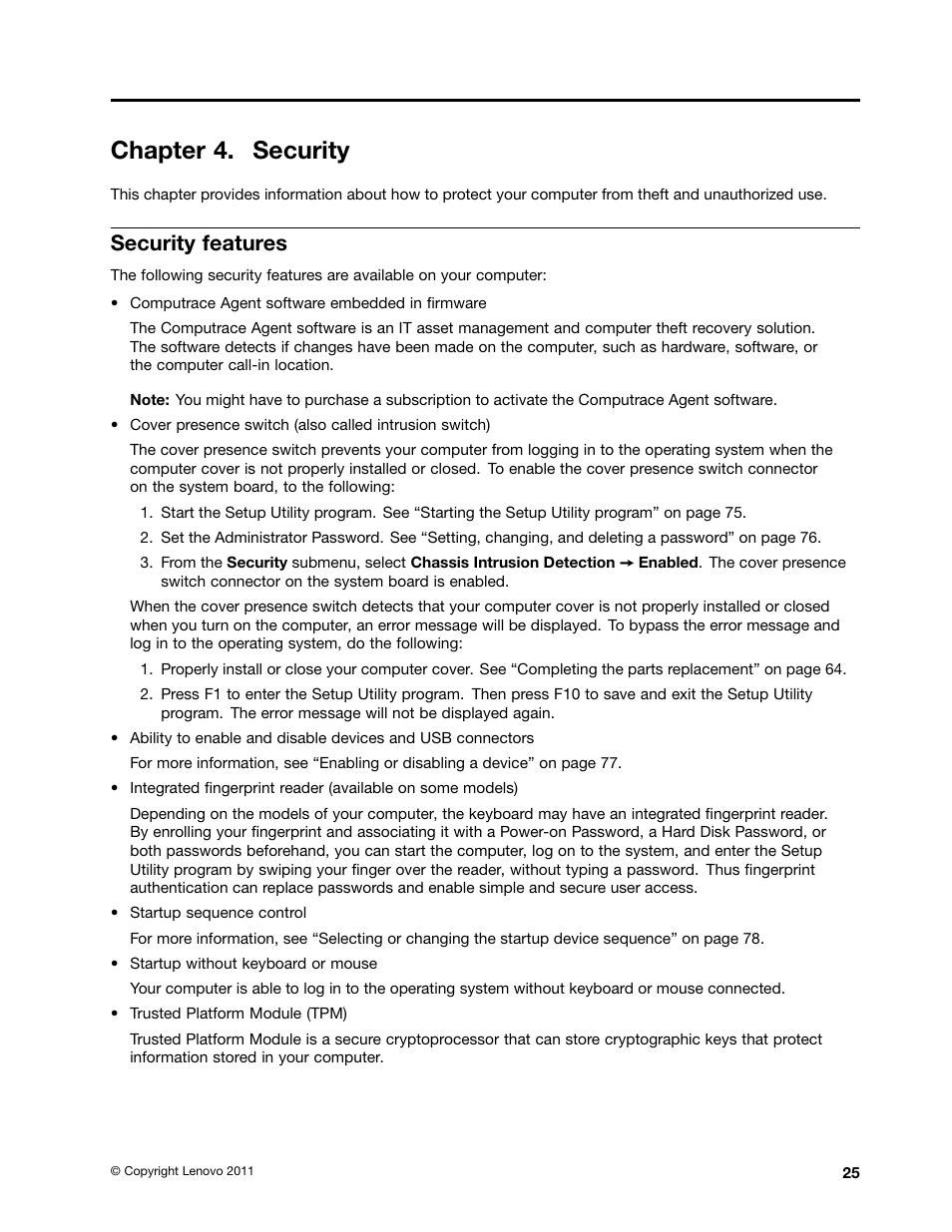 Chapter 4. security, Security features | Lenovo THINKCENTRE 4473 User Manual | Page 39 / 142