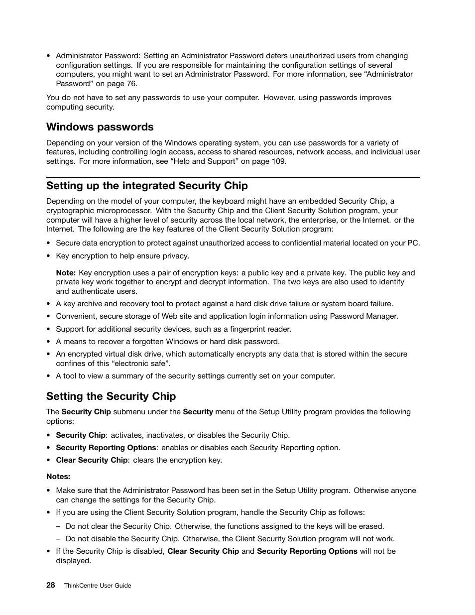 Windows passwords, Setting up the integrated security chip, Setting the security chip | Lenovo THINKCENTRE 4473 User Manual | Page 42 / 142
