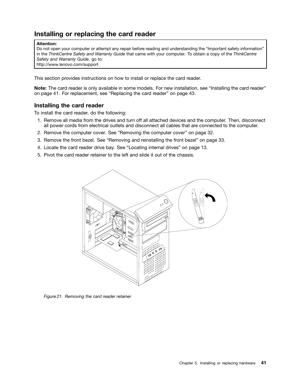 Installing or replacing the card reader | Lenovo THINKCENTRE 4473 User Manual | Page 55 / 142