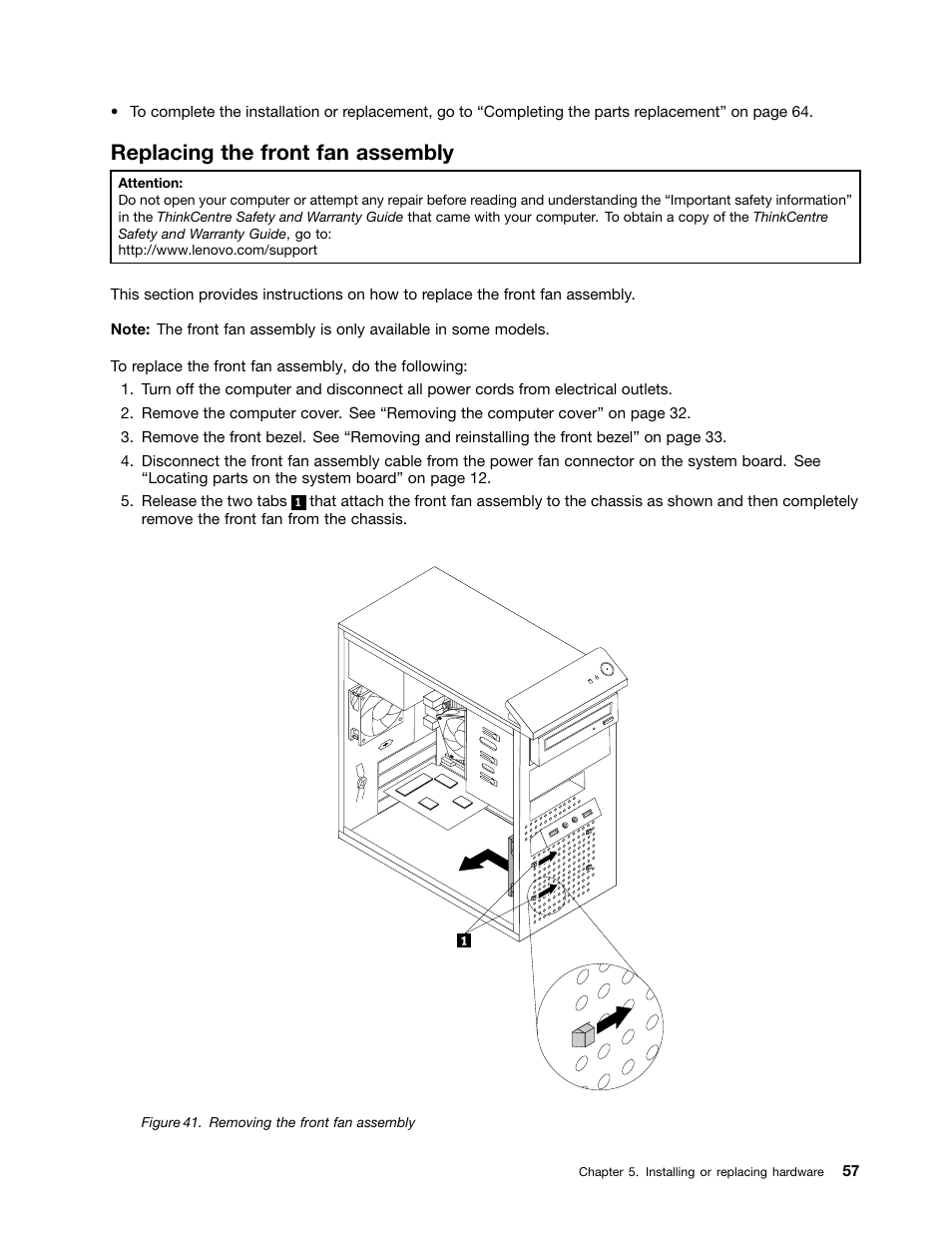 Replacing the front fan assembly | Lenovo THINKCENTRE 4473 User Manual | Page 71 / 142