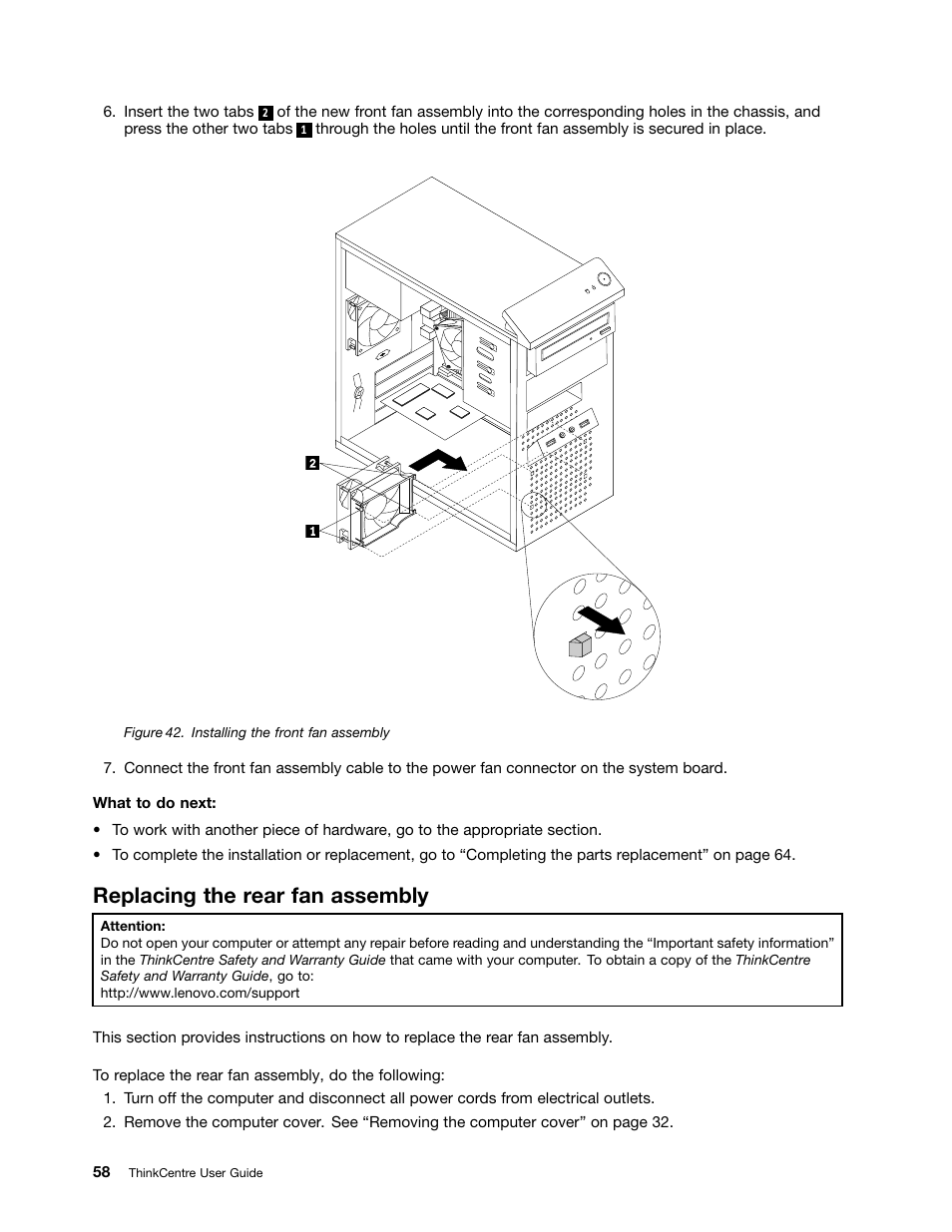 Replacing the rear fan assembly | Lenovo THINKCENTRE 4473 User Manual | Page 72 / 142