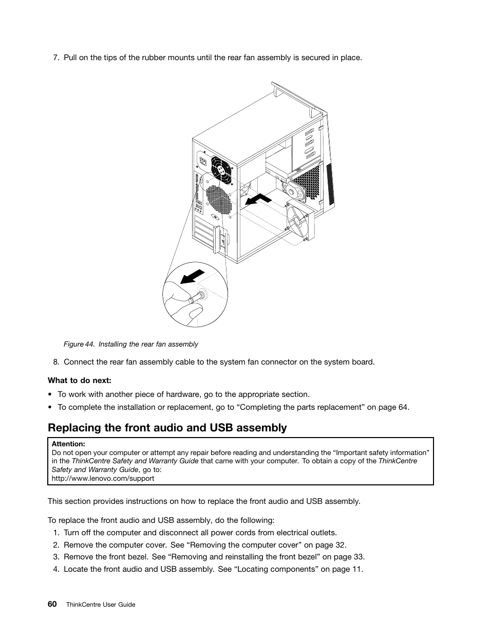 Replacing the front audio and usb assembly | Lenovo THINKCENTRE 4473 User Manual | Page 74 / 142