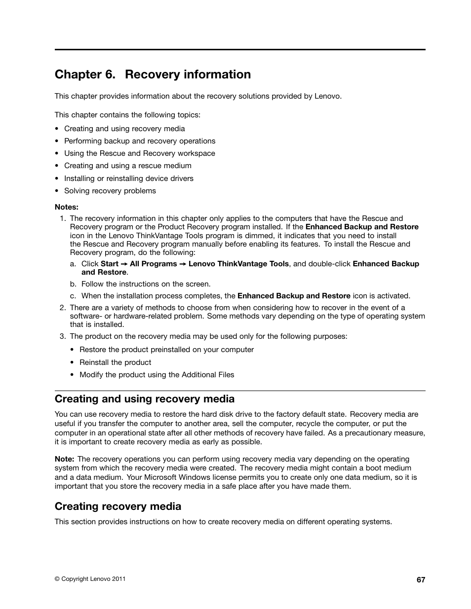 Chapter 6. recovery information, Creating and using recovery media, Creating recovery media | Lenovo THINKCENTRE 4473 User Manual | Page 81 / 142
