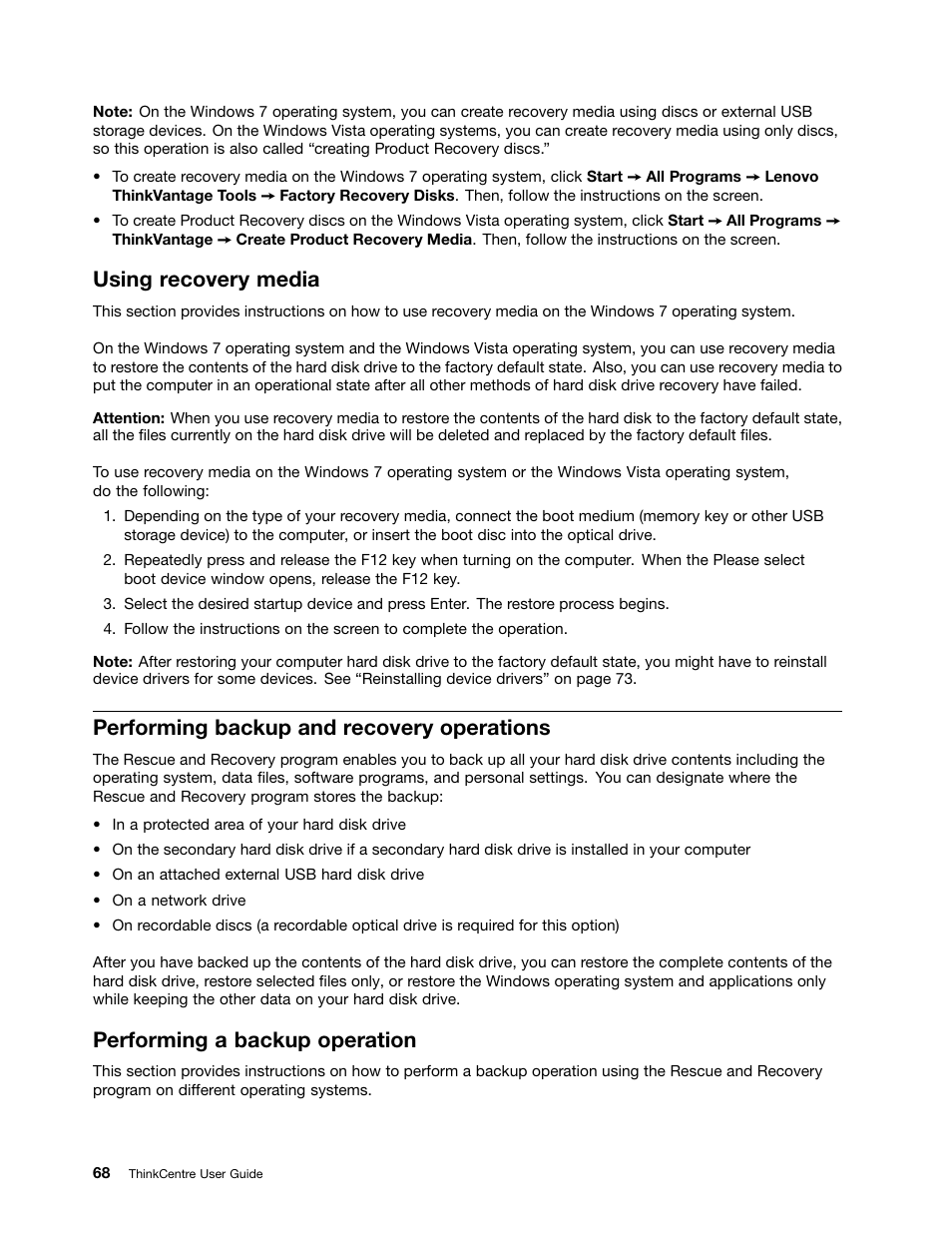 Using recovery media, Performing backup and recovery operations, Performing a backup operation | Lenovo THINKCENTRE 4473 User Manual | Page 82 / 142