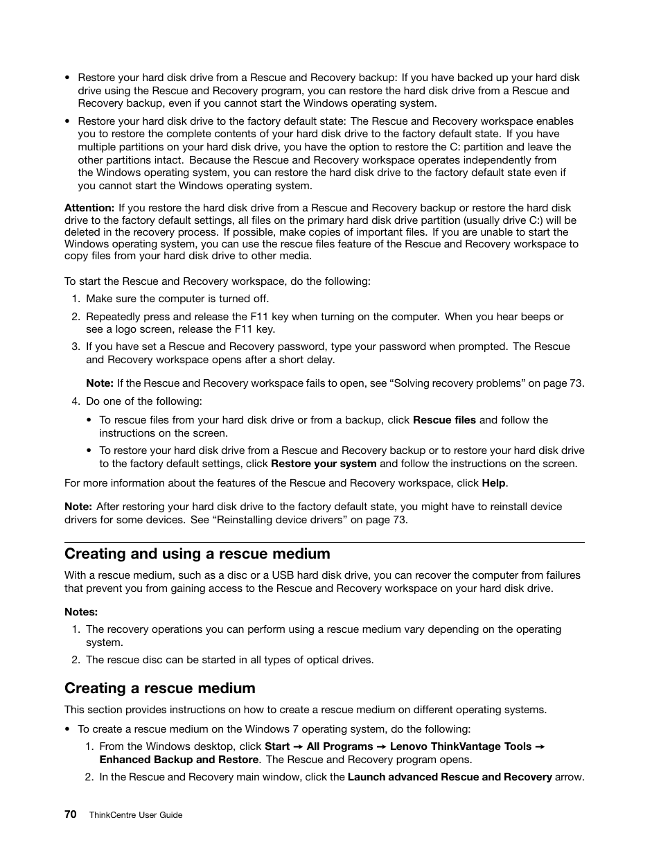 Creating and using a rescue medium, Creating a rescue medium | Lenovo THINKCENTRE 4473 User Manual | Page 84 / 142