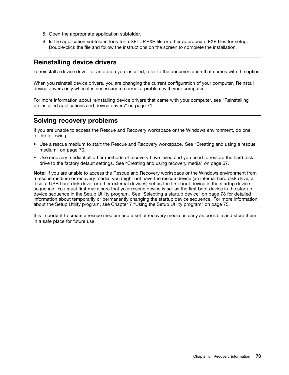Reinstalling device drivers, Solving recovery problems | Lenovo THINKCENTRE 4473 User Manual | Page 87 / 142