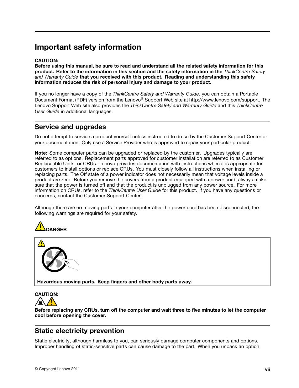 Important safety information, Service and upgrades, Static electricity prevention | Lenovo THINKCENTRE 4473 User Manual | Page 9 / 142