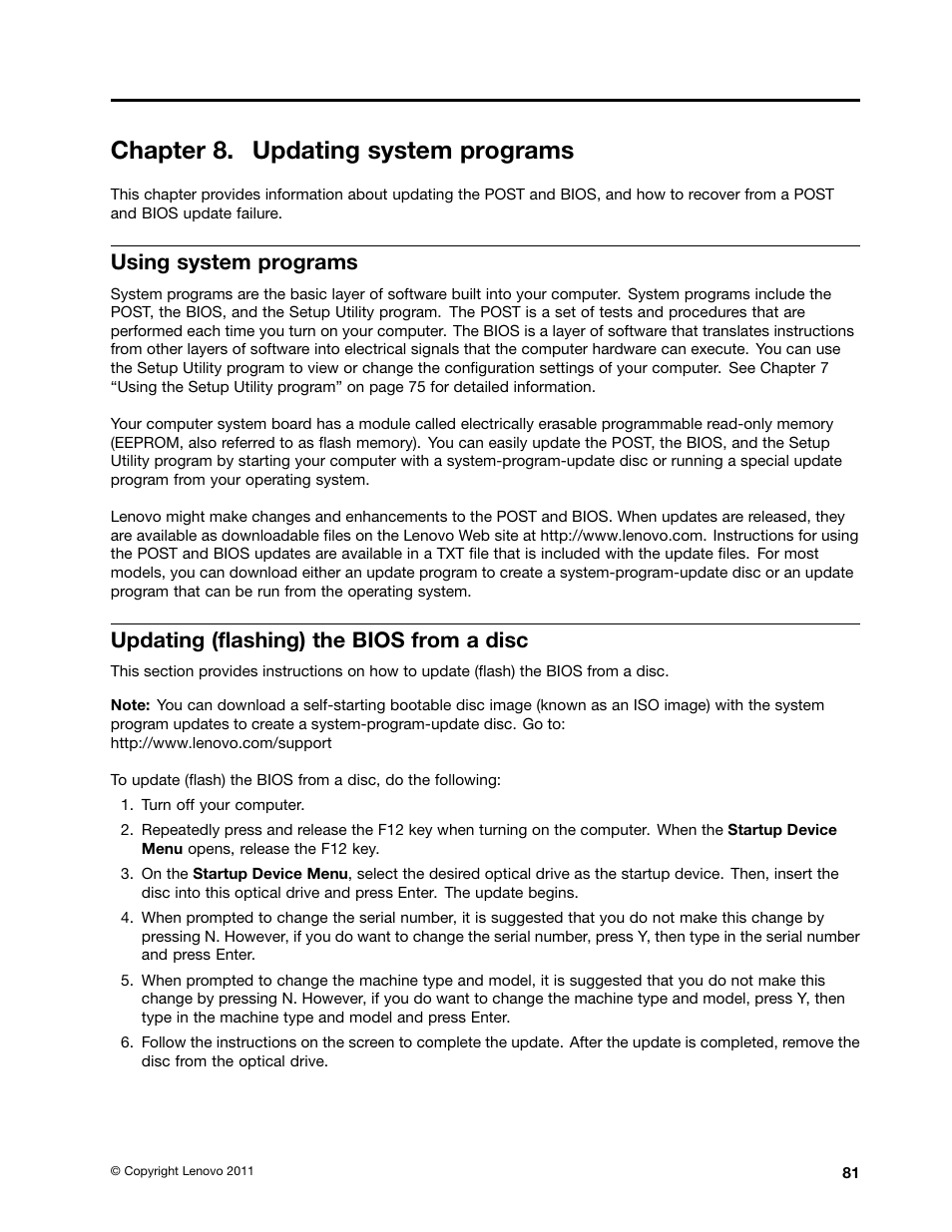 Chapter 8. updating system programs, Using system programs, Updating (flashing) the bios from a disc | Lenovo THINKCENTRE 4473 User Manual | Page 95 / 142