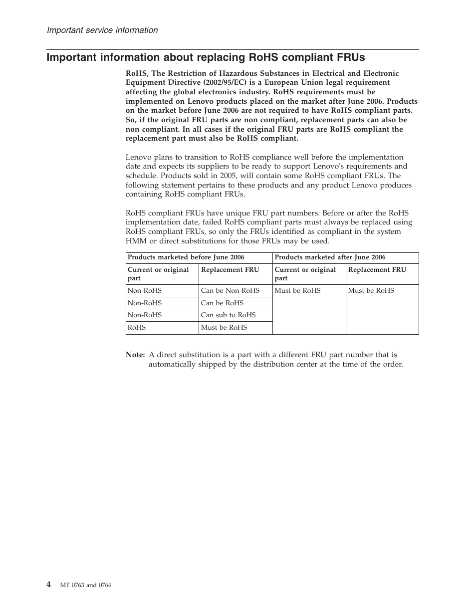 Important, Information, About | Replacing, Rohs, Compliant, Frus | Lenovo V100 User Manual | Page 10 / 126