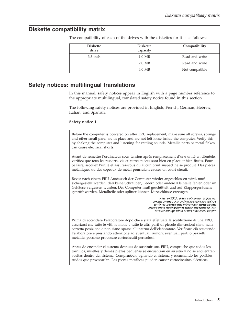 Diskette compatibility matrix, Safety notices: multilingual translations, Diskette | Compatibility, Matrix, Safety, Notices, Multilingual, Translations | Lenovo V100 User Manual | Page 11 / 126
