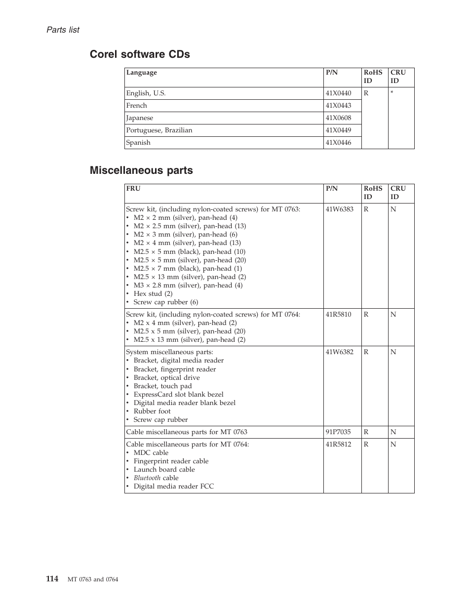 Corel software cds, Miscellaneous parts, Corel | Software, Miscellaneous, Parts | Lenovo V100 User Manual | Page 120 / 126