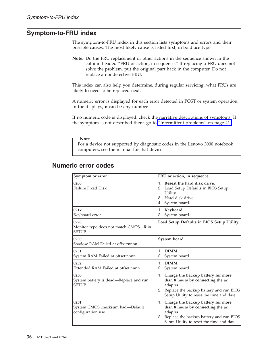 Symptom-to-fru index, Numeric error codes, Symptom-to-fru | Index, Numeric, Error, Codes | Lenovo V100 User Manual | Page 42 / 126