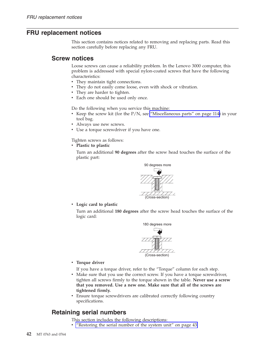 Fru replacement notices, Screw notices, Retaining serial numbers | Replacement, Notices, Screw, Retaining, Serial, Numbers | Lenovo V100 User Manual | Page 48 / 126
