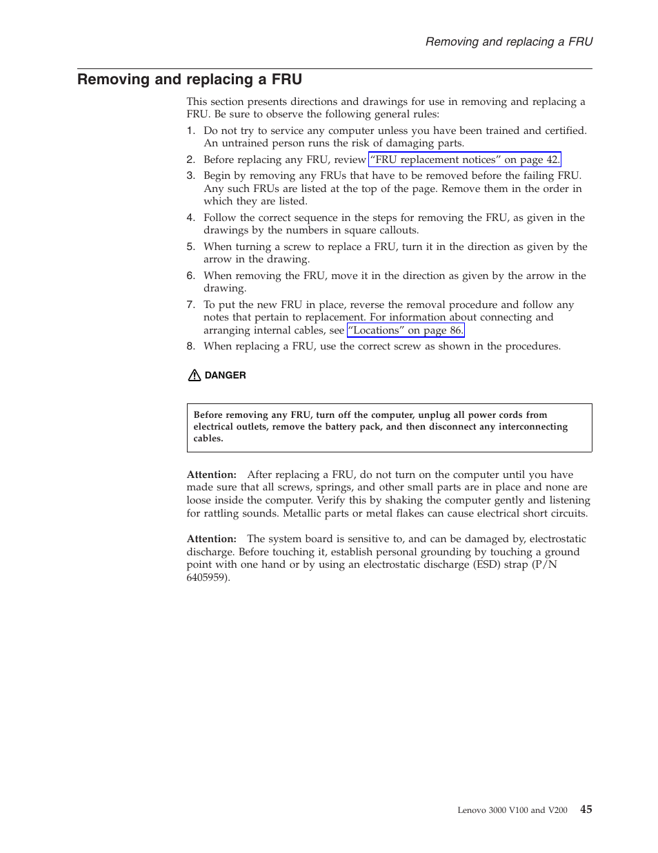 Removing and replacing a fru, Removing, Replacing | Lenovo V100 User Manual | Page 51 / 126