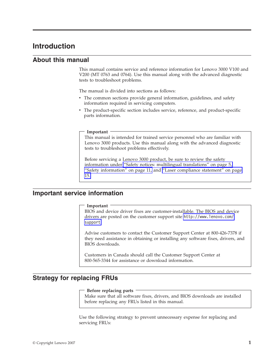 Introduction, About this manual, Important service information | Strategy for replacing frus, About, This, Manual, Important, Service, Information | Lenovo V100 User Manual | Page 7 / 126