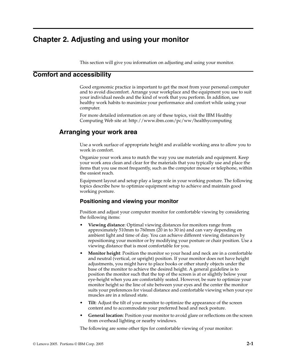 Chapter 2. adjusting and using your monitor, Comfort and accessibility, Arranging your work area | Positioning and viewing your monitor, Chapte, Comfort and accessibility -1, Arranging your work area -1, Positioning and viewing your monitor -1 | Lenovo L171p User Manual | Page 11 / 34