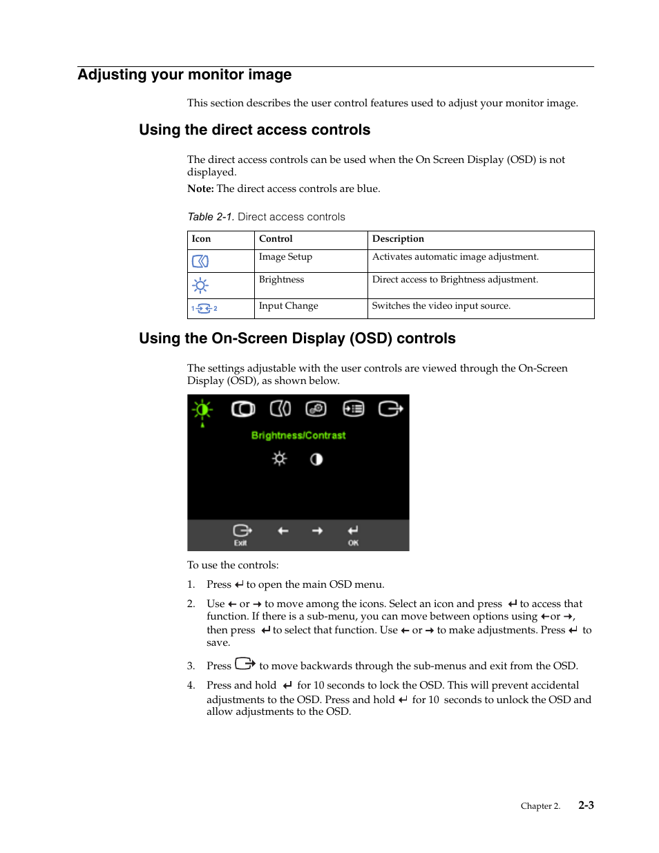Adjusting your monitor image, Using the direct access controls, Using the on-screen display (osd) controls | Adjusting your monitor image -3 | Lenovo L171p User Manual | Page 13 / 34