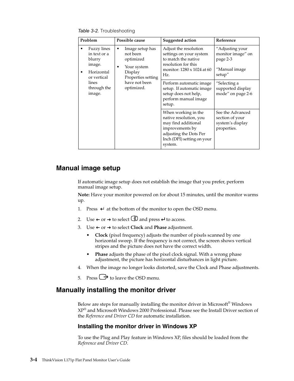 Manual image setup, Manually installing the monitor driver, Installing the monitor driver in windows xp | Installing the monitor driver in windows xp -4 | Lenovo L171p User Manual | Page 22 / 34