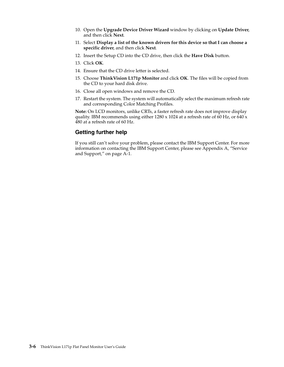 Getting further help, Getting further help -6 | Lenovo L171p User Manual | Page 24 / 34