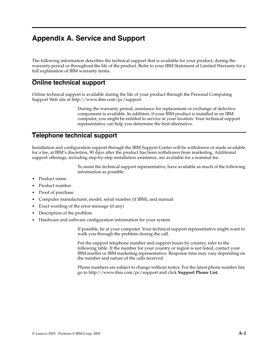 Appendix a. service and support, Appen, Online technical support | Telephone technical support | Lenovo L171p User Manual | Page 27 / 34