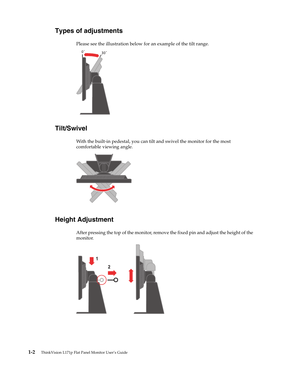 Types of adjustments, Tilt/swivel, Height adjustment | Lenovo L171p User Manual | Page 6 / 34