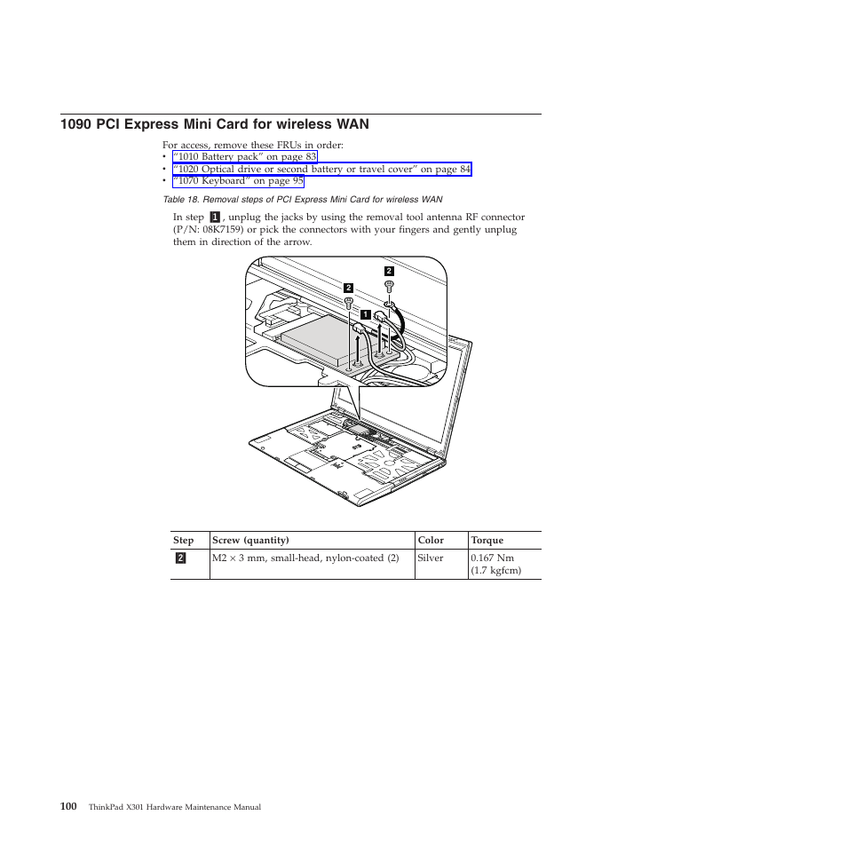 1090 pci express mini card for wireless wan | Lenovo X301 User Manual | Page 108 / 180