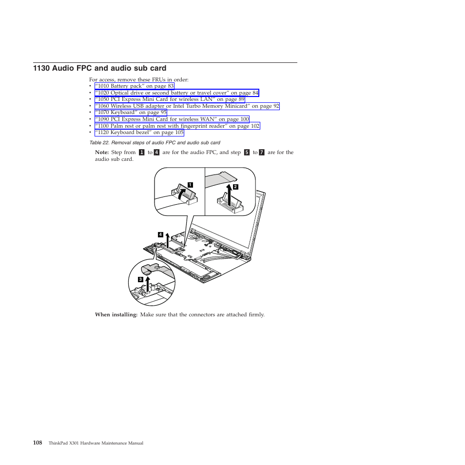 1130 audio fpc and audio sub card | Lenovo X301 User Manual | Page 116 / 180