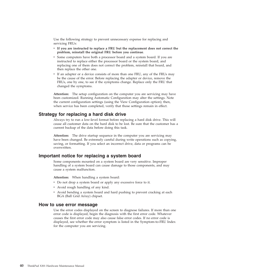 Strategy for replacing a hard disk drive, Important notice for replacing a system board, How to use error message | Lenovo X301 User Manual | Page 48 / 180