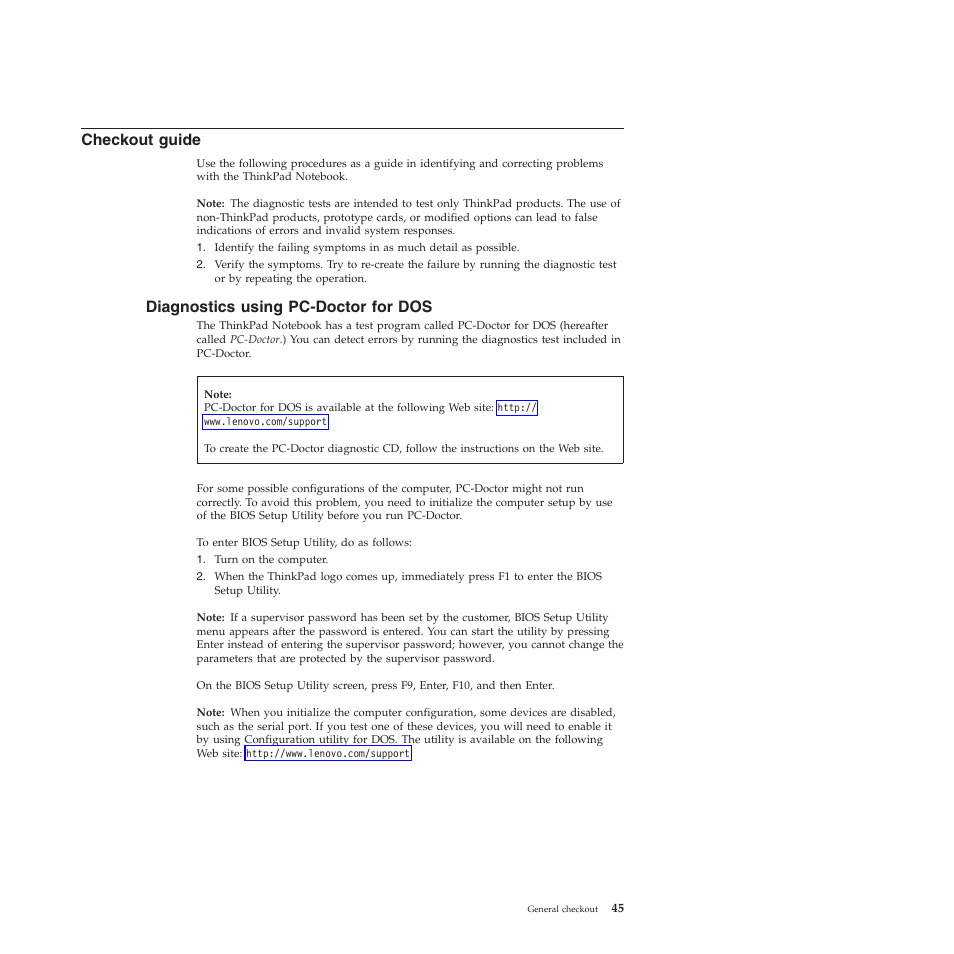 Checkout guide, Diagnostics using pc-doctor for dos | Lenovo X301 User Manual | Page 53 / 180