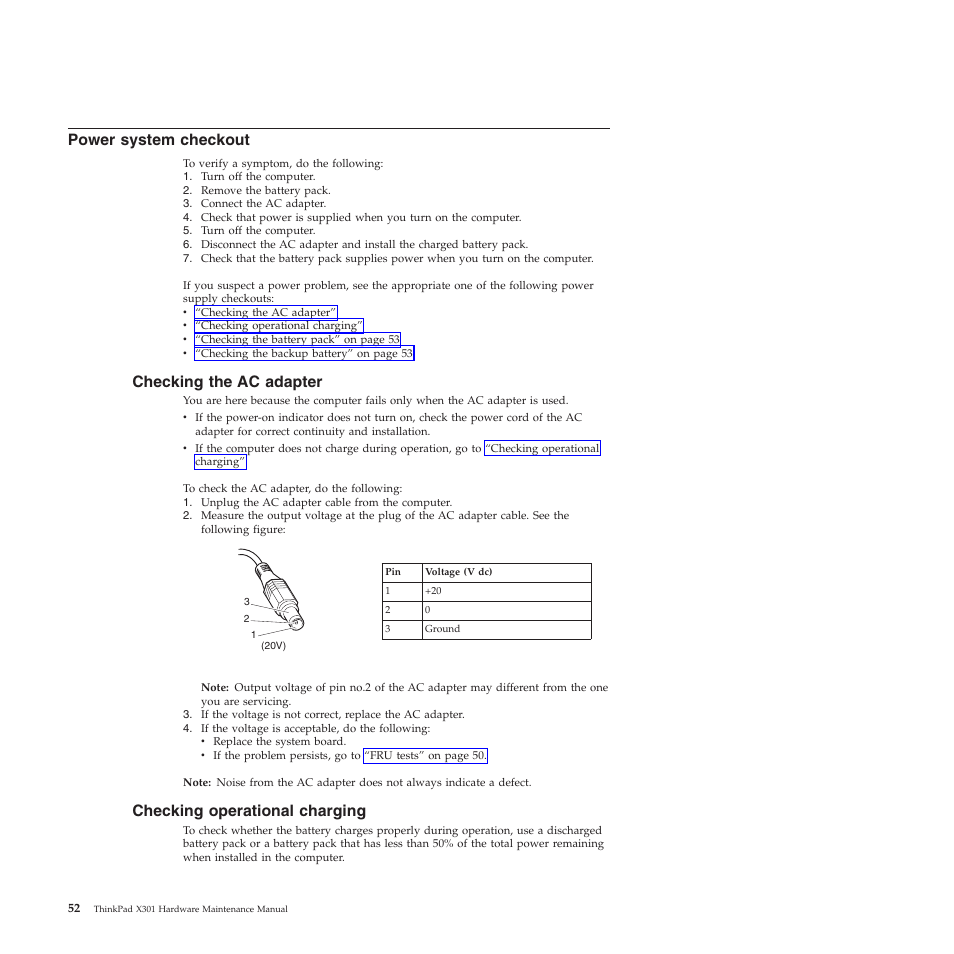Power system checkout, Checking the ac adapter, Checking operational charging | Lenovo X301 User Manual | Page 60 / 180