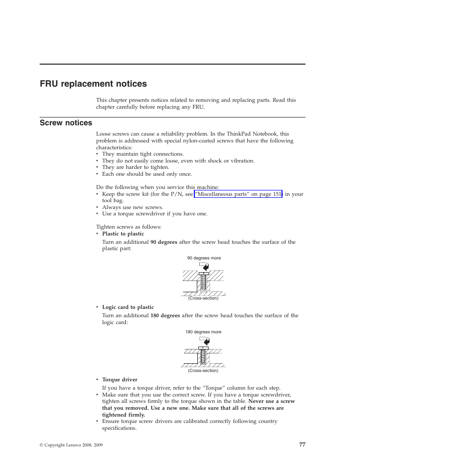 Fru replacement notices, Screw notices | Lenovo X301 User Manual | Page 85 / 180