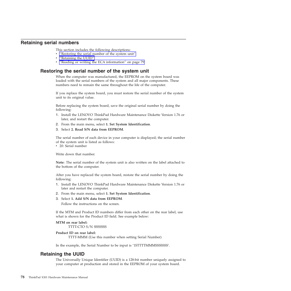 Retaining serial numbers, Restoring the serial number of the system unit, Retaining the uuid | Lenovo X301 User Manual | Page 86 / 180