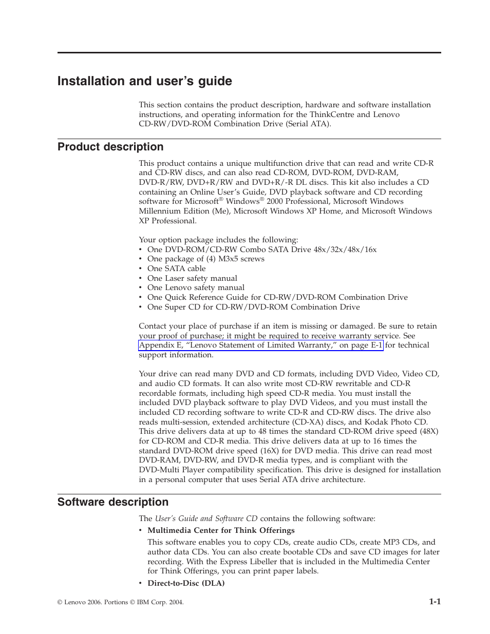 Installation and user’s guide, Product description, Software description | Installation, User’s, Guide, Product, Description, Software | Lenovo ThinkCentre 41N5624 User Manual | Page 15 / 66