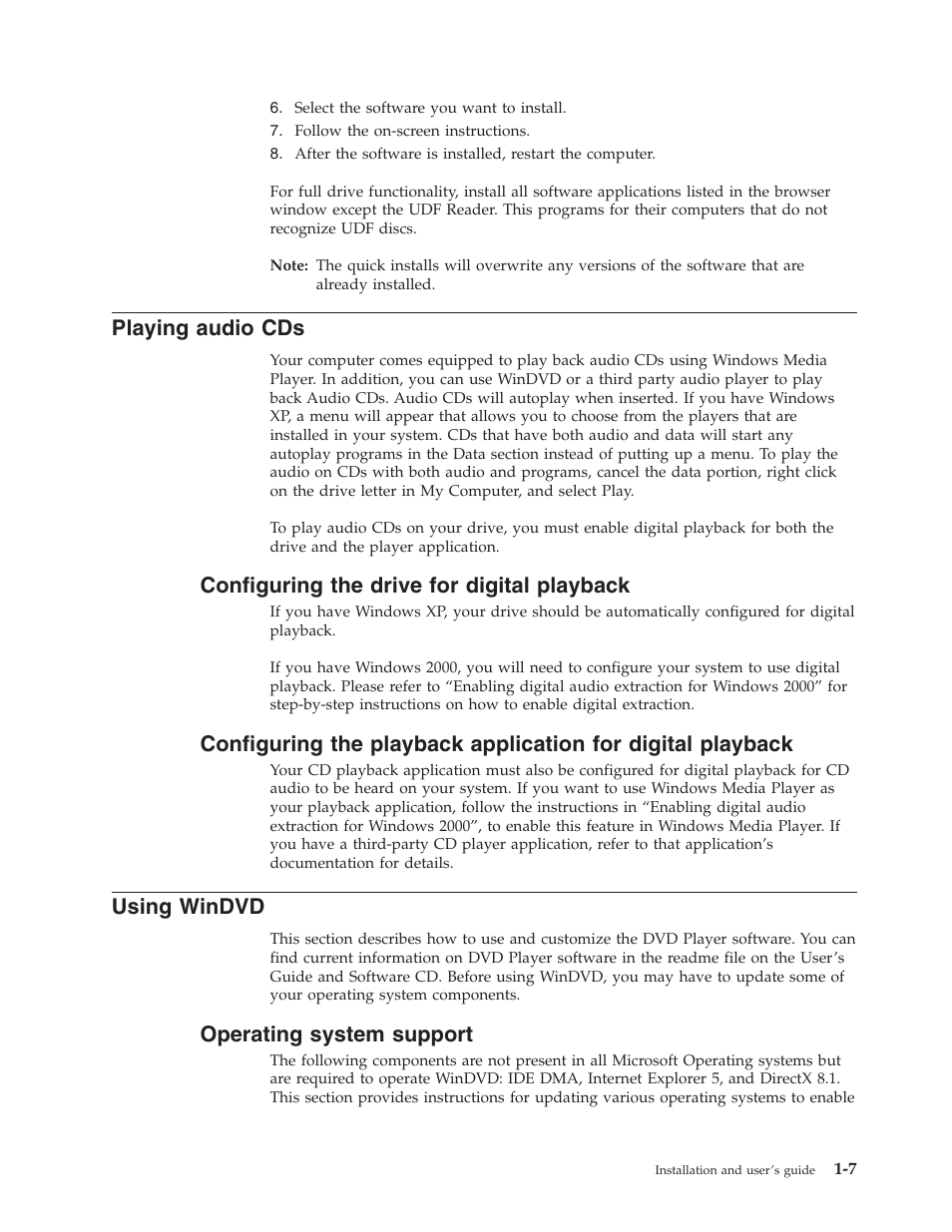 Playing audio cds, Configuring the drive for digital playback, Using windvd | Operating system support, Playing, Audio, Configuring, Drive, Digital, Playback | Lenovo ThinkCentre 41N5624 User Manual | Page 21 / 66