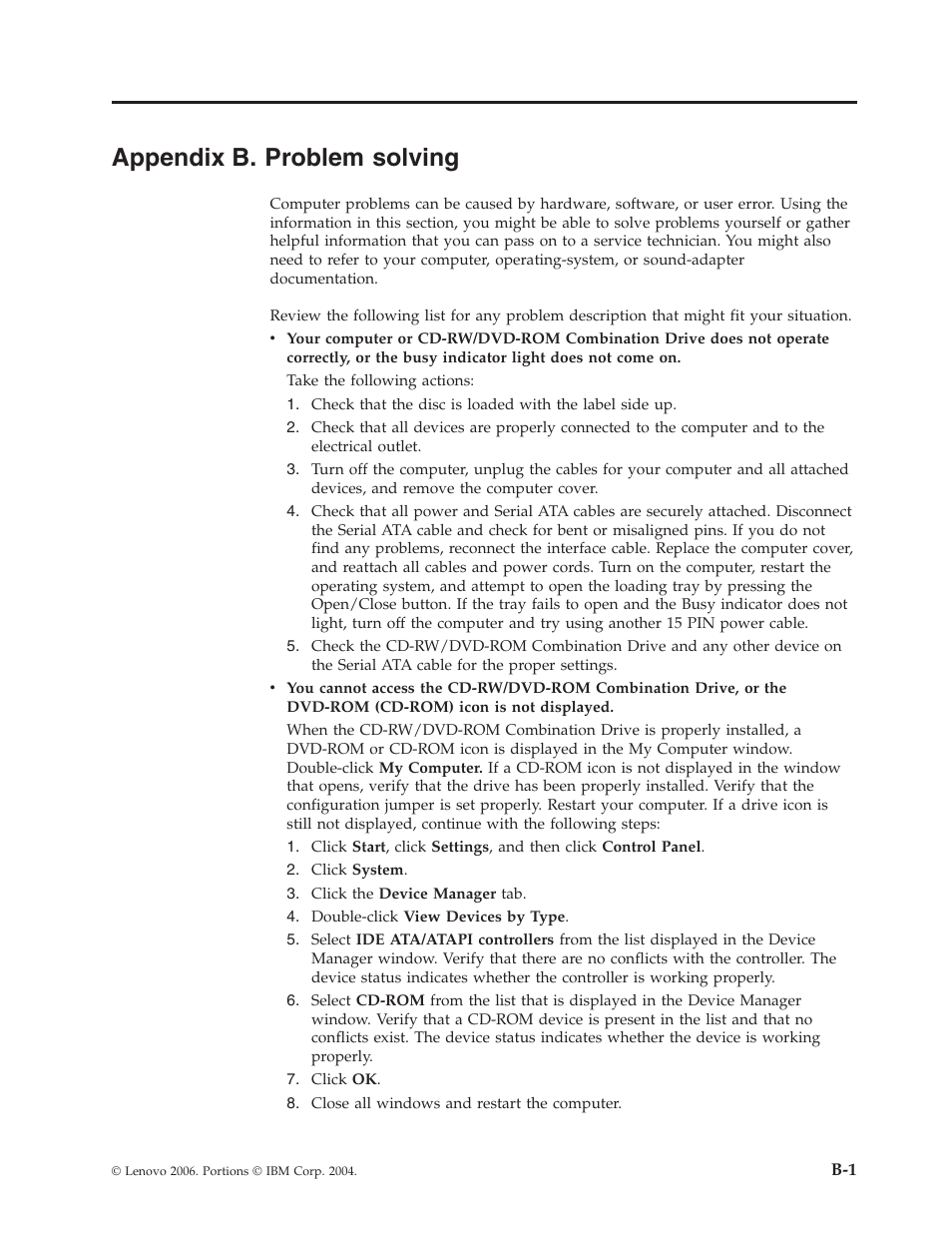 Appendix b. problem solving, Appendix, Problem | Solving | Lenovo ThinkCentre 41N5624 User Manual | Page 29 / 66