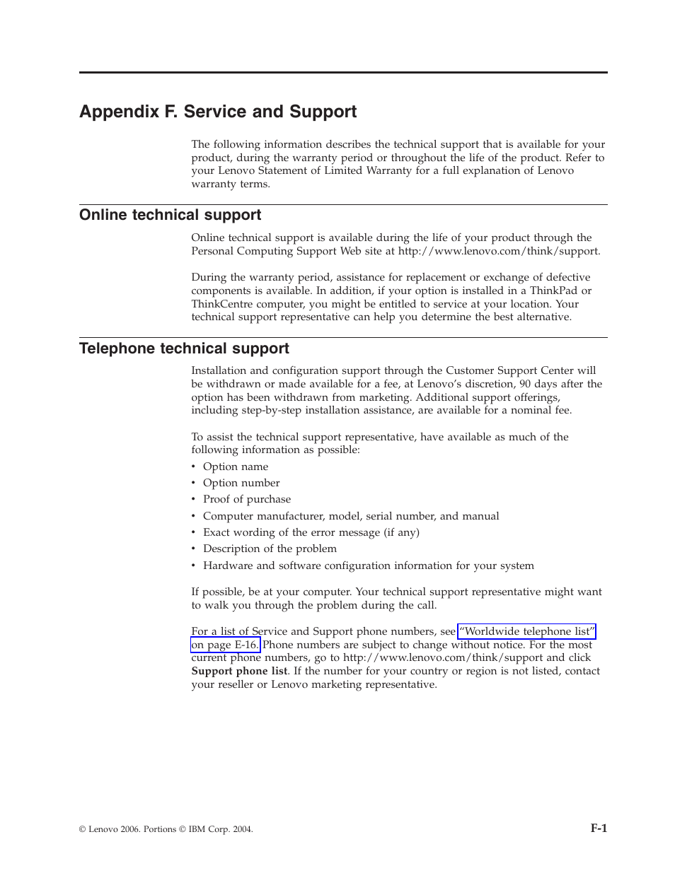Appendix f. service and support, Online technical support, Telephone technical support | Appendix, Service, Support, Online, Technical, Telephone | Lenovo ThinkCentre 41N5624 User Manual | Page 57 / 66
