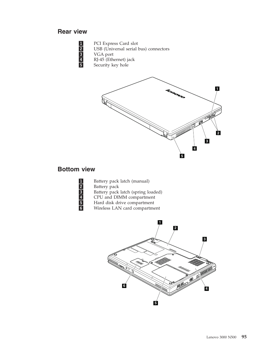 Rear view, Bottom view, Rear | View, Bottom | Lenovo 3000 N500 User Manual | Page 103 / 124