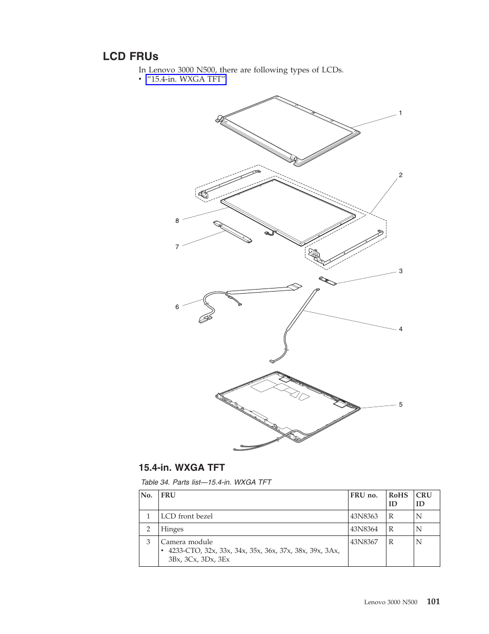 Lcd frus, In. wxga tft, Frus | Wxga | Lenovo 3000 N500 User Manual | Page 109 / 124