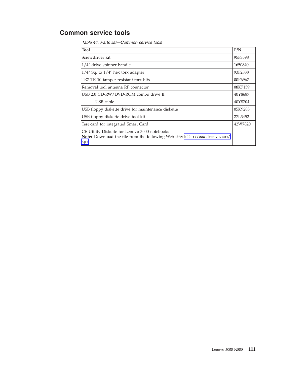 Common service tools, Common, Service | Tools | Lenovo 3000 N500 User Manual | Page 119 / 124