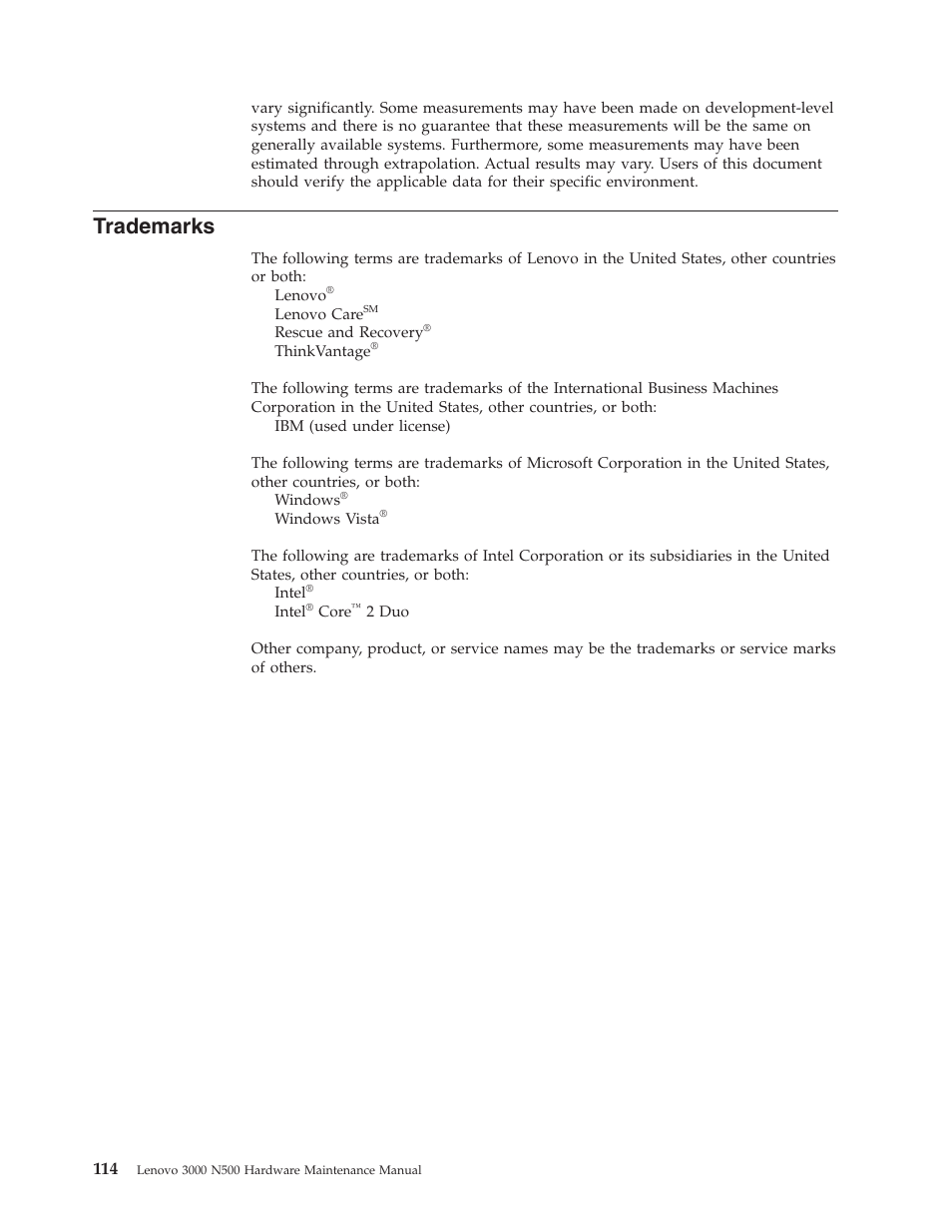 Trademarks | Lenovo 3000 N500 User Manual | Page 122 / 124