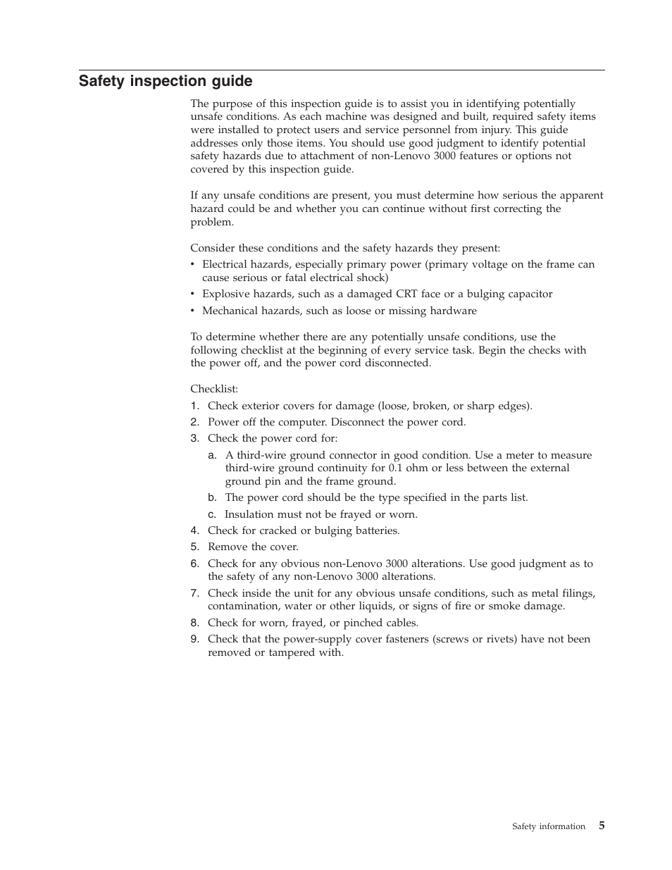 Safety inspection guide, Safety, Inspection | Guide | Lenovo 3000 N500 User Manual | Page 13 / 124