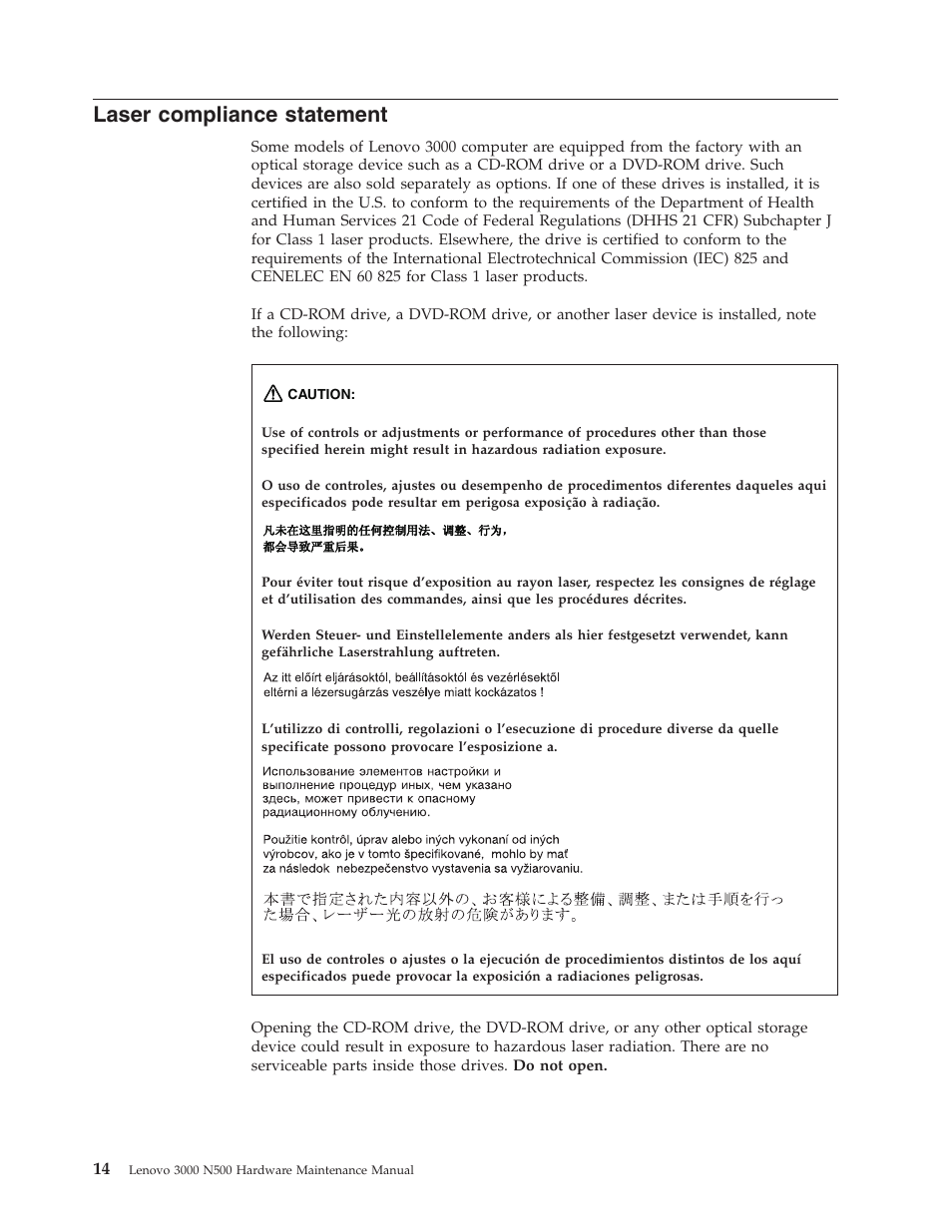 Laser compliance statement, Laser, Compliance | Statement | Lenovo 3000 N500 User Manual | Page 22 / 124