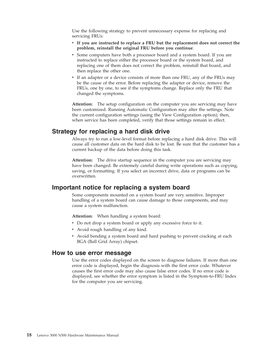 Strategy for replacing a hard disk drive, Important notice for replacing a system board, How to use error message | Strategy, Replacing, Hard, Disk, Drive, Important, Notice | Lenovo 3000 N500 User Manual | Page 26 / 124
