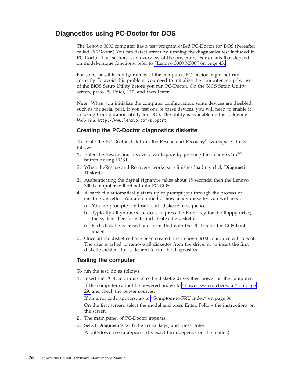 Diagnostics using pc-doctor for dos, Creating the pc-doctor diagnostics diskette, Testing the computer | Diagnostics, Using, Pc-doctor, Creating, Diskette, Testing, Computer | Lenovo 3000 N500 User Manual | Page 34 / 124