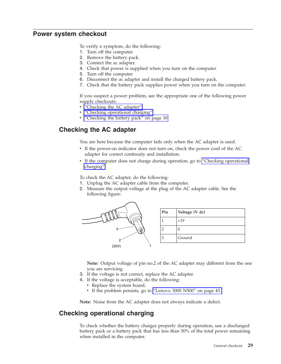 Power system checkout, Checking the ac adapter, Checking operational charging | Power, System, Checkout, Checking, Adapter, Operational, Charging | Lenovo 3000 N500 User Manual | Page 37 / 124