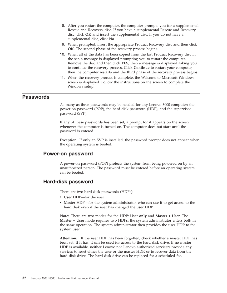 Passwords, Power-on password, Hard-disk password | Power-on, Password, Hard-disk | Lenovo 3000 N500 User Manual | Page 40 / 124