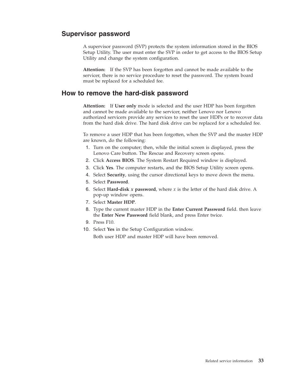 Supervisor password, How to remove the hard-disk password, Supervisor | Password, Remove, Hard-disk | Lenovo 3000 N500 User Manual | Page 41 / 124