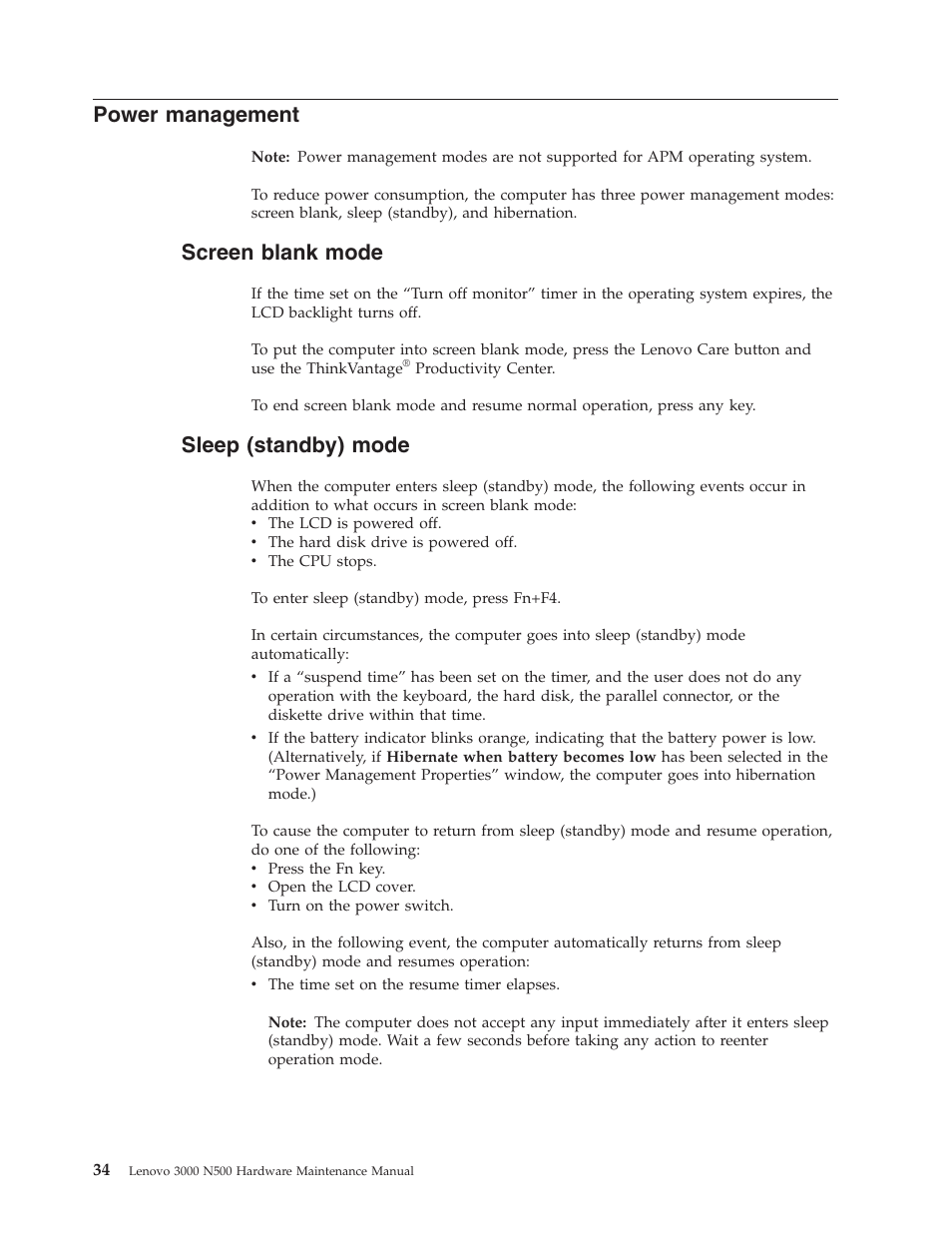 Power management, Screen blank mode, Sleep (standby) mode | Power, Management, Screen, Blank, Mode, Sleep, Standby) | Lenovo 3000 N500 User Manual | Page 42 / 124