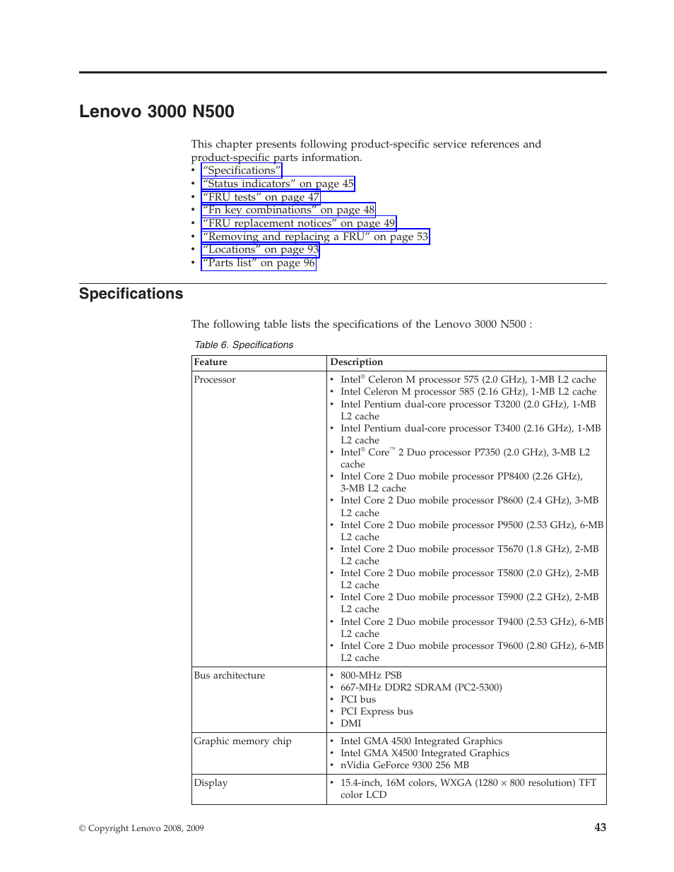 Lenovo 3000 n500, Specifications, Lenovo | N500 | Lenovo 3000 N500 User Manual | Page 51 / 124
